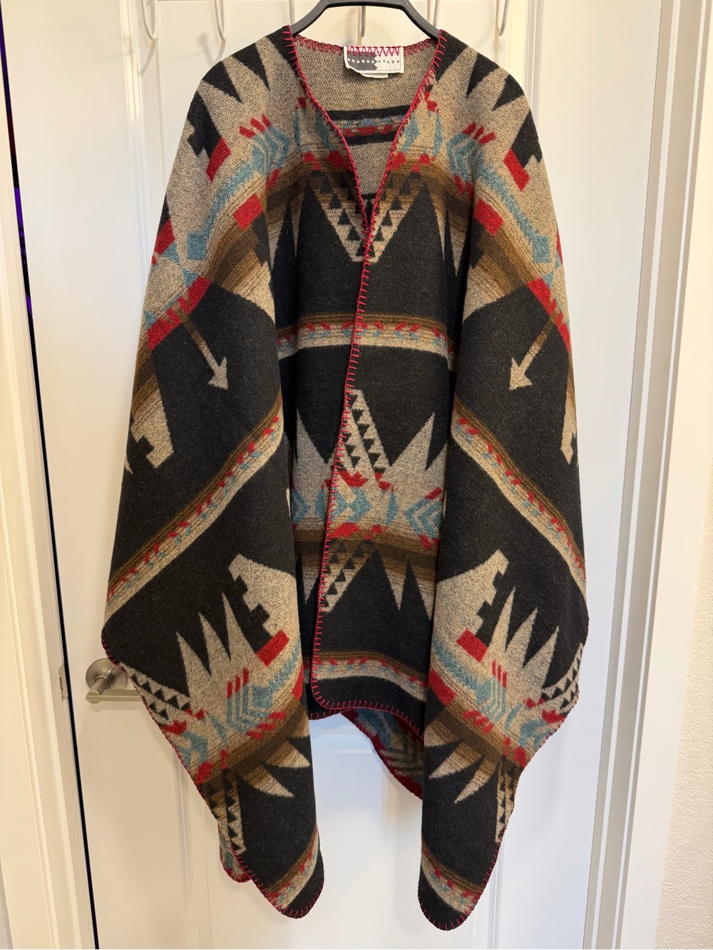 Rhonda Stark Southwestern Open Front Poncho Wrap Wool Blend Made in USA